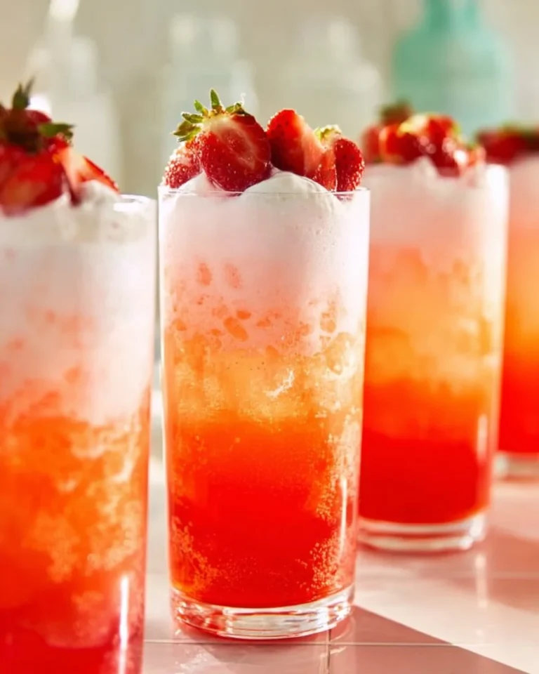 A refreshing glass of Strawberry Italian Soda garnished with fresh strawberries and mint.