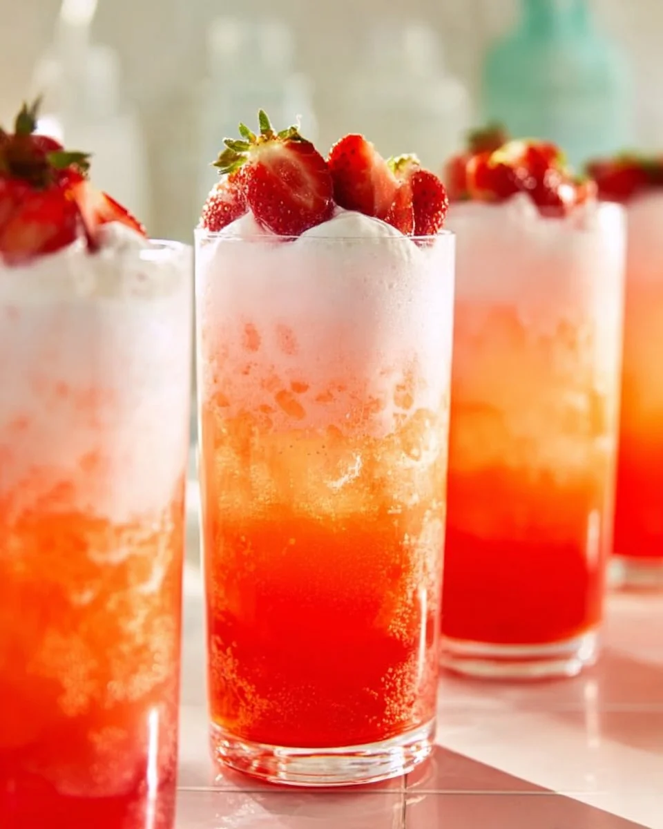 A refreshing glass of Strawberry Italian Soda garnished with fresh strawberries and mint.