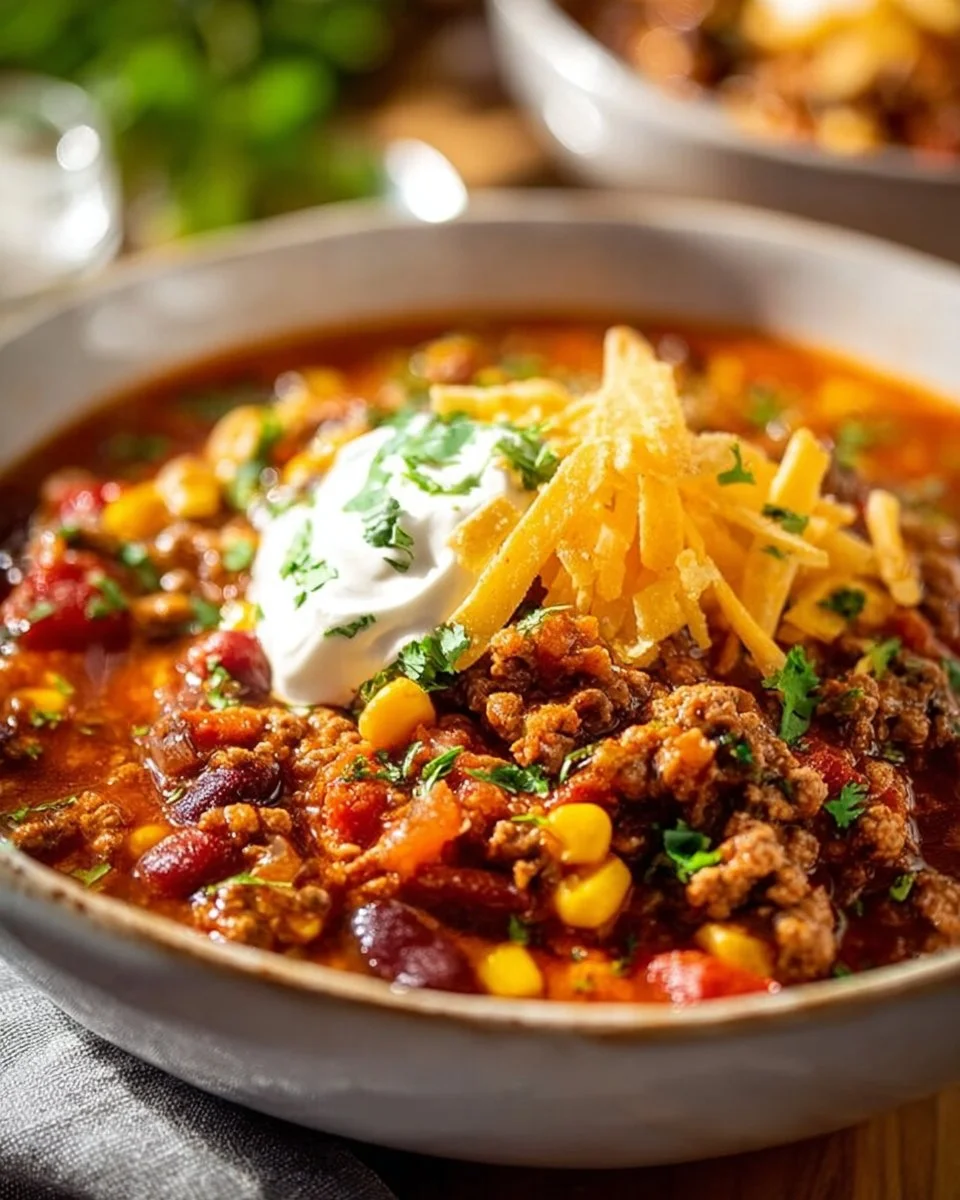 Delicious bowl of Taco Soup topped with cheese and cilantro