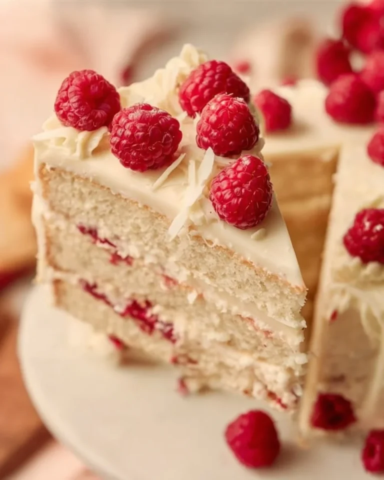 Slice of white chocolate raspberry cake with fresh raspberries and white chocolate shavings
