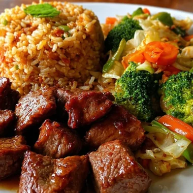 Delicious beef stir-fry plate served with veggies and fried rice