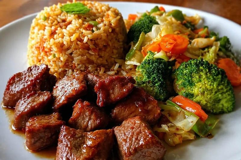 Delicious beef stir-fry plate served with veggies and fried rice