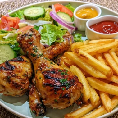 A plate of delicious crispy chicken drumsticks garnished with herbs.