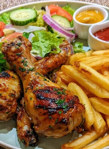 A plate of delicious crispy chicken drumsticks garnished with herbs.