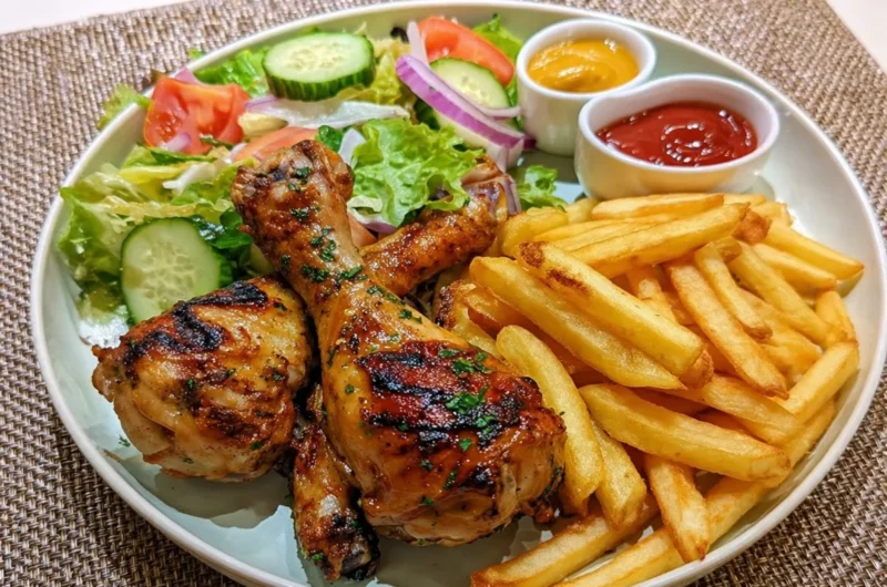 A plate of delicious crispy chicken drumsticks garnished with herbs.