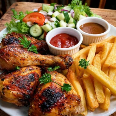 Crispy chicken drumsticks with fries and fresh salad on a plate