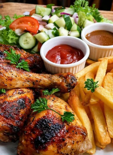 Crispy chicken drumsticks with fries and fresh salad on a plate