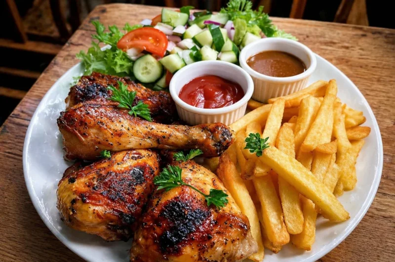 Crispy chicken drumsticks with fries and fresh salad on a plate