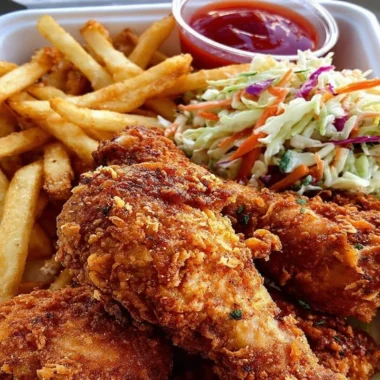 Crispy fried chicken box with fries and coleslaw