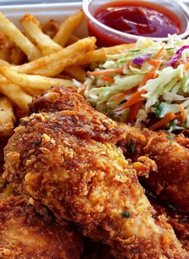 Crispy fried chicken box with fries and coleslaw