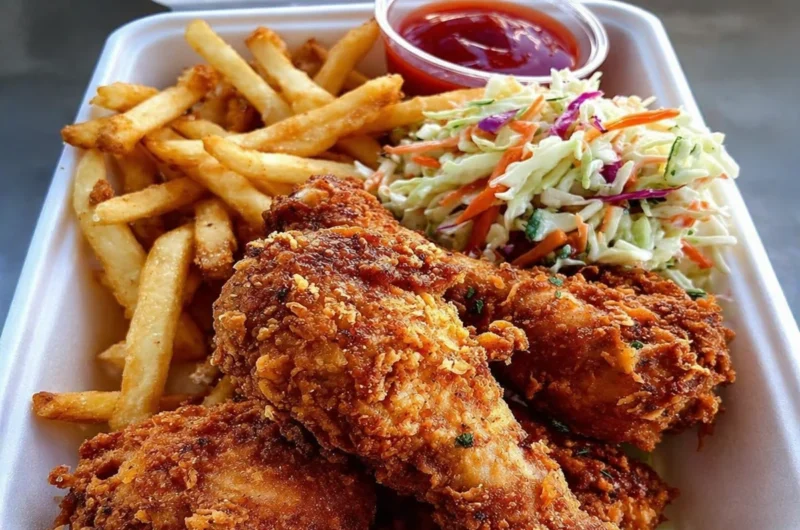 Crispy fried chicken box with fries and coleslaw