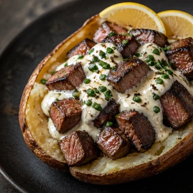 Crispy loaded baked potato with steak bites and toppings
