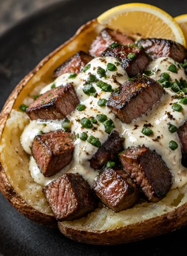 Crispy loaded baked potato with steak bites and toppings