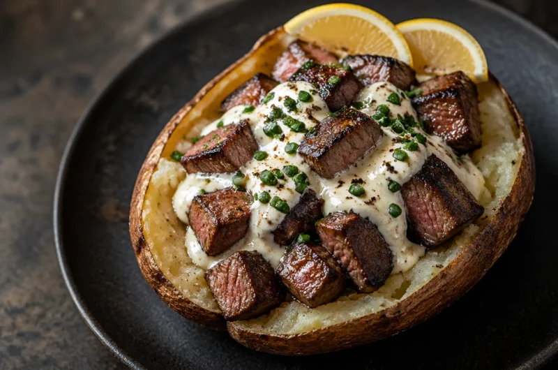 Crispy loaded baked potato with steak bites and toppings