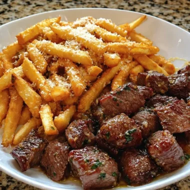 Delicious garlic butter steak bites served with loaded fries