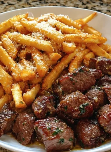 Delicious garlic butter steak bites served with loaded fries