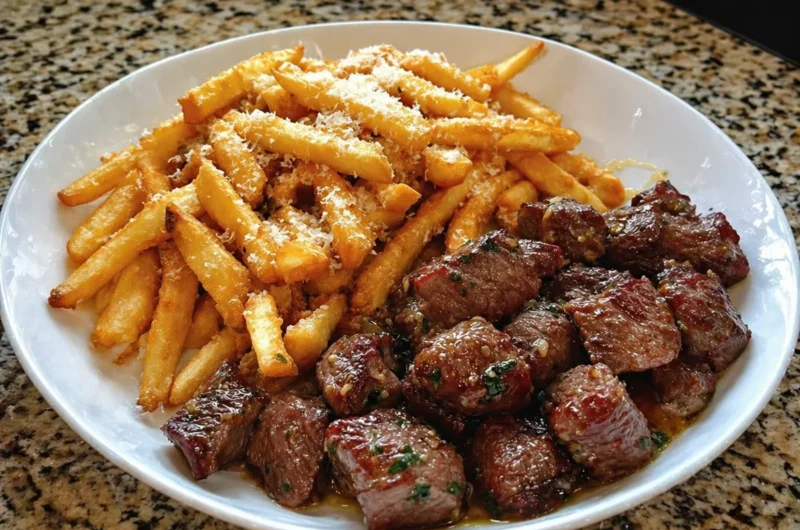 Delicious garlic butter steak bites served with loaded fries