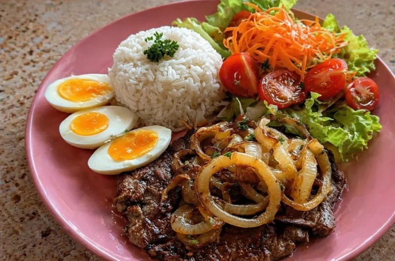 Garlic butter steak served with rice and fresh crunch salad on a plate