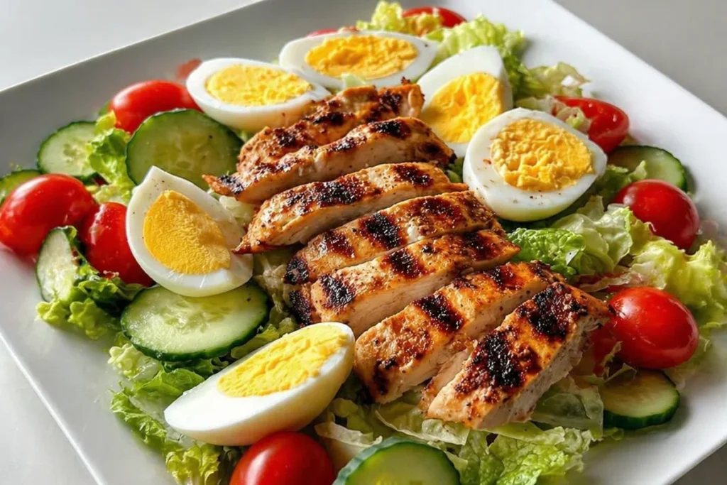 Delicious grilled chicken power salad with fresh vegetables
