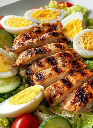 Delicious grilled chicken power salad with fresh vegetables