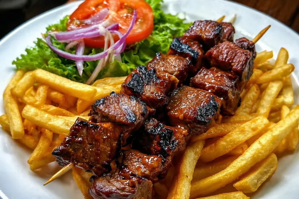 Delicious grilled steak skewers served with crispy fries on a plate