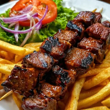 Delicious grilled steak skewers served with crispy fries on a plate