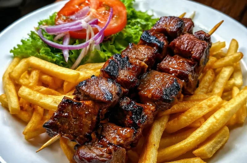 Delicious grilled steak skewers served with crispy fries on a plate