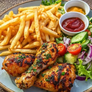 Juicy grilled chicken drumsticks with fries and fresh salad on a plate