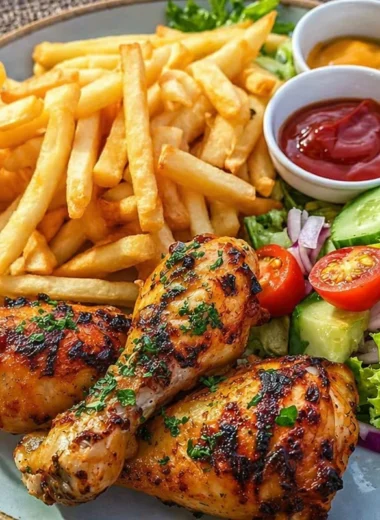 Juicy grilled chicken drumsticks with fries and fresh salad on a plate