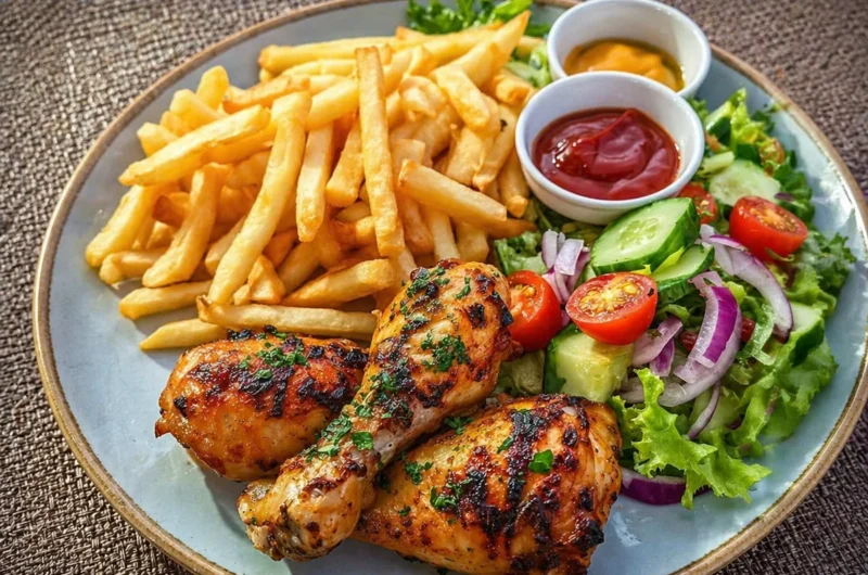 Juicy grilled chicken drumsticks with fries and fresh salad on a plate