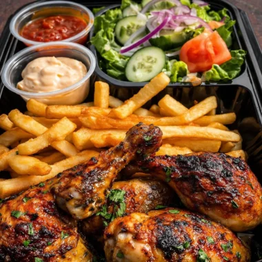 Juicy roast chicken drumsticks served with crispy fries in a tasty takeout box.