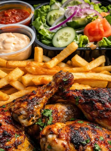 Juicy roast chicken drumsticks served with crispy fries in a tasty takeout box.