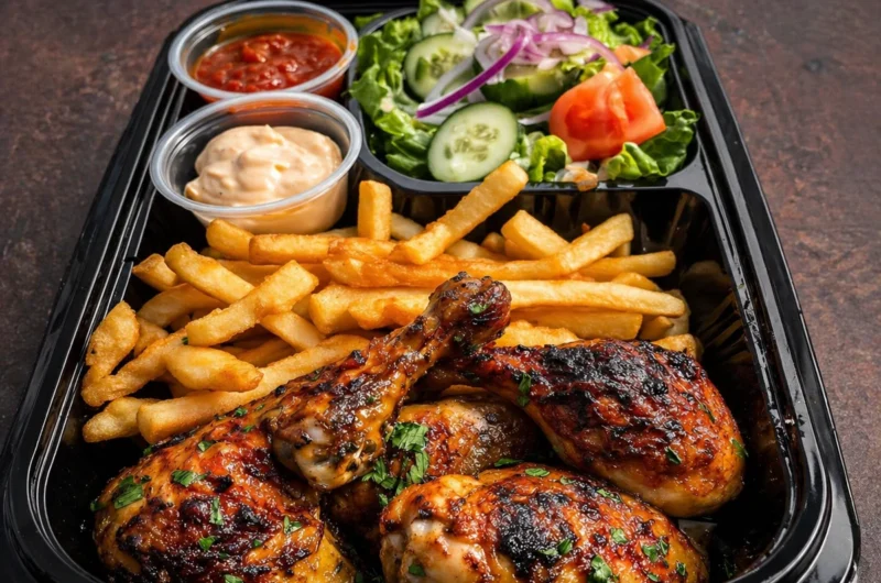 Juicy roast chicken drumsticks served with crispy fries in a tasty takeout box.