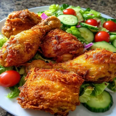 Oven-baked crispy chicken served with a fresh salad on a plate
