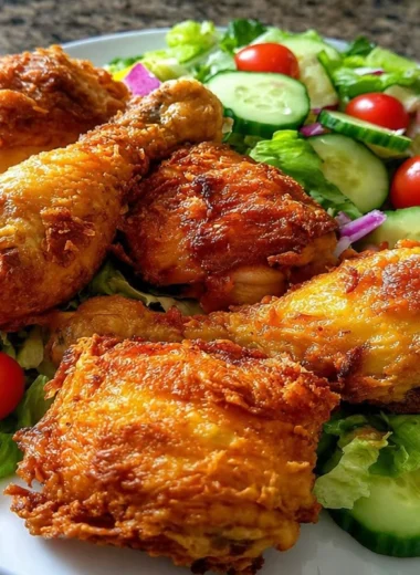 Oven-baked crispy chicken served with a fresh salad on a plate