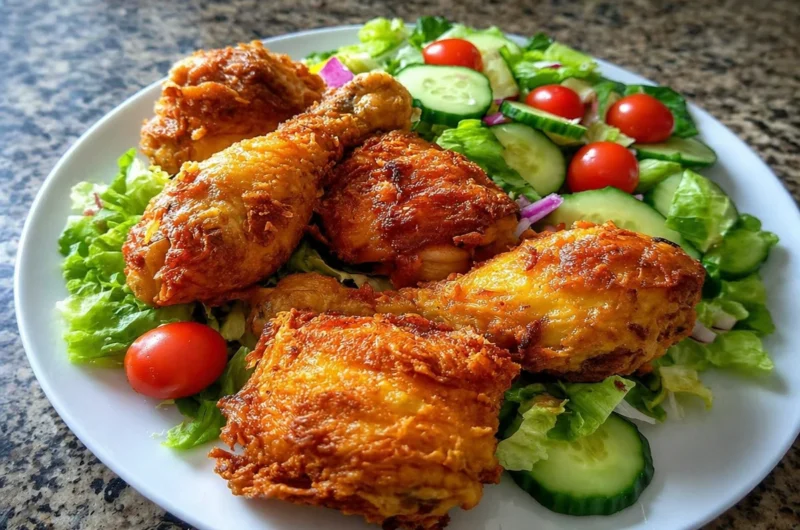 Oven-baked crispy chicken served with a fresh salad on a plate
