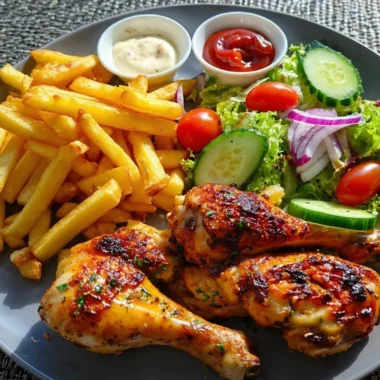 Roasted chicken drumsticks served with fries and a fresh salad on a plate