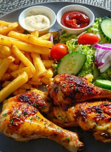 Roasted chicken drumsticks served with fries and a fresh salad on a plate