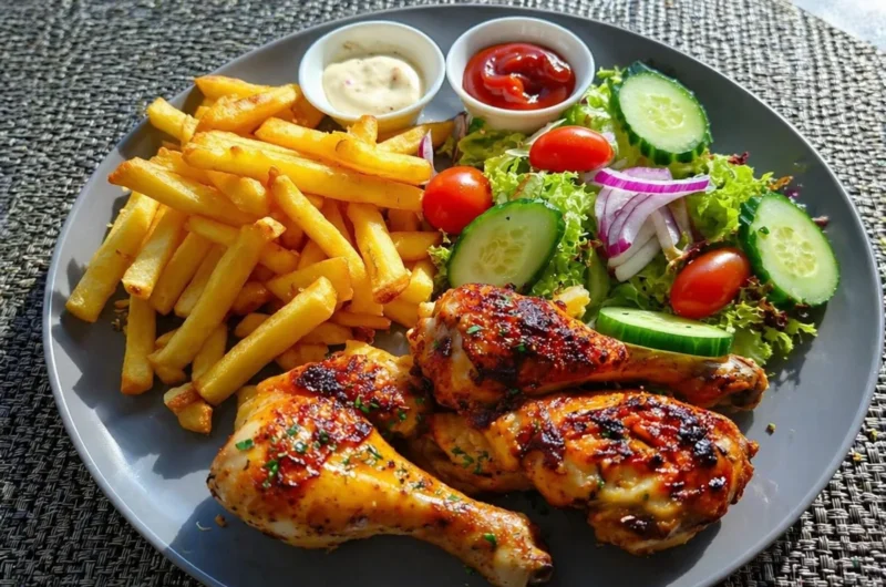 Roasted chicken drumsticks served with fries and a fresh salad on a plate
