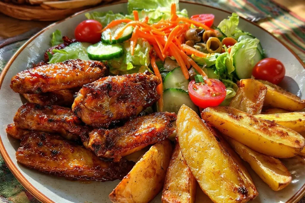 Savory chicken wing plate with crispy wings and dipping sauces