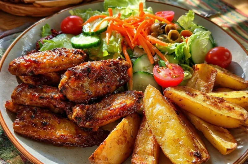 Savory chicken wing plate with crispy wings and dipping sauces