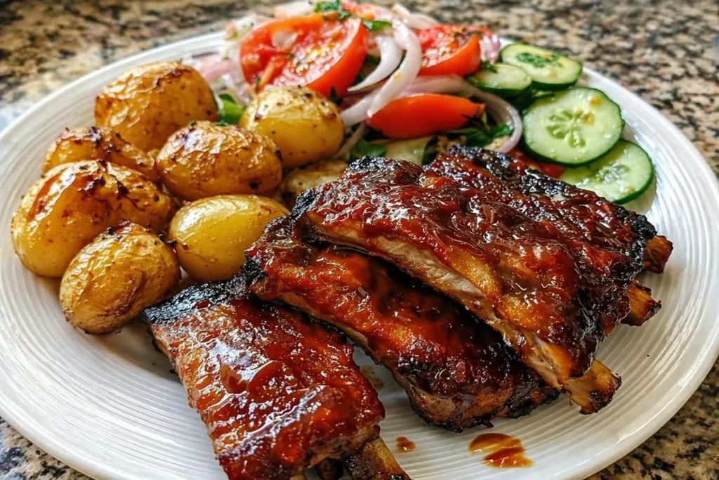 Delicious sticky BBQ ribs plate with sweet and juicy flavors