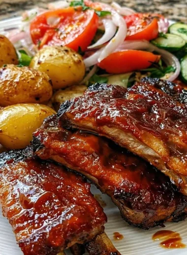 Delicious sticky BBQ ribs plate with sweet and juicy flavors