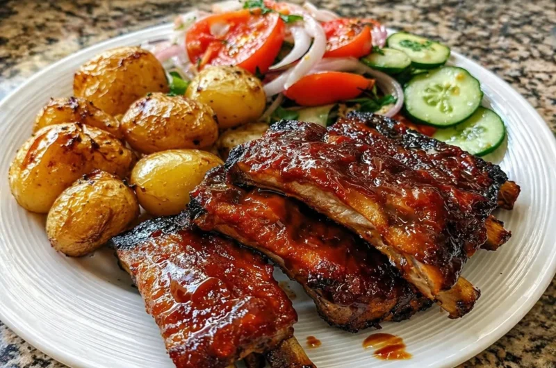 Delicious sticky BBQ ribs plate with sweet and juicy flavors