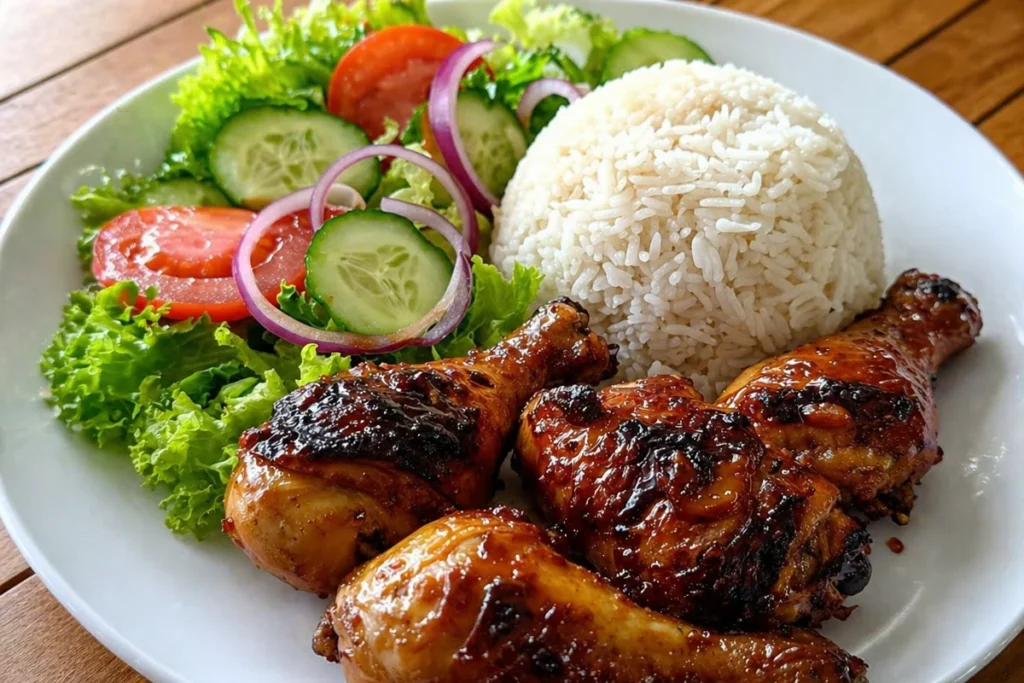 Sticky honey garlic chicken drumsticks served with rice and fresh salad