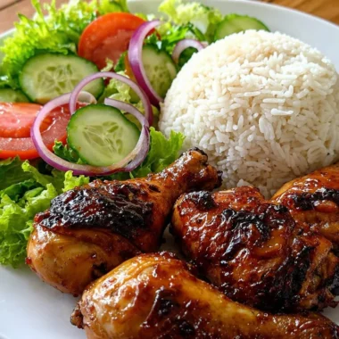 Sticky honey garlic chicken drumsticks served with rice and fresh salad