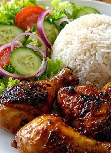 Sticky honey garlic chicken drumsticks served with rice and fresh salad