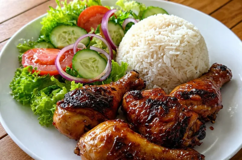 Sticky honey garlic chicken drumsticks served with rice and fresh salad