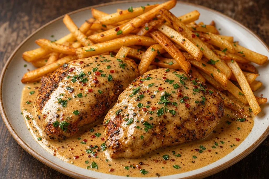 Delicious Cajun Chicken served with crispy fries on a plate.