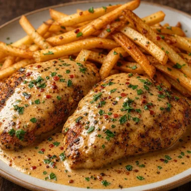 Delicious Cajun Chicken served with crispy fries on a plate.